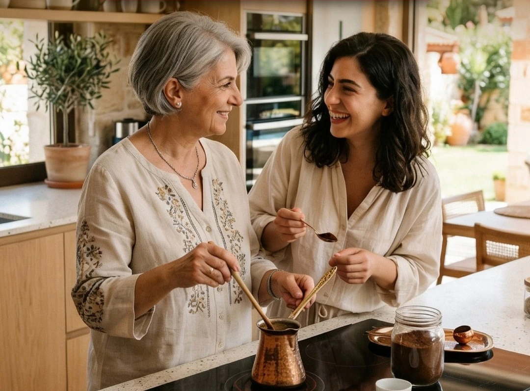 Mutfakta birlikte kahve pişiren anne ve kızı