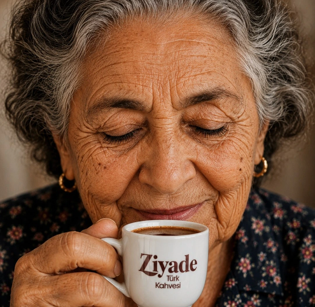 Ziyade fincanından kahve içen yaşlı bir kadın