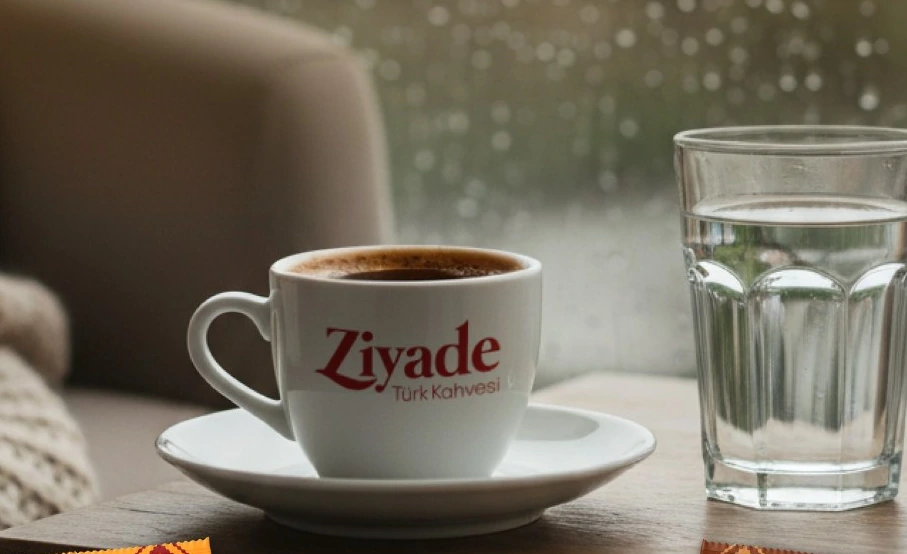Yağmurlu bir günde pencere önünde bir fincan Ziyade ve bir bardak su
